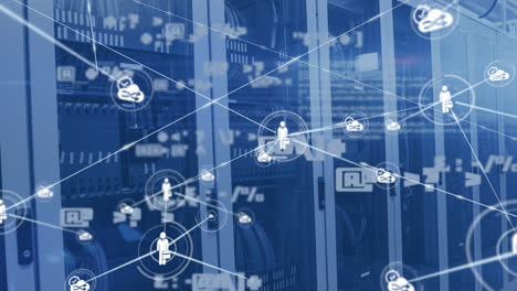 animation of network of connections with icons and data processing over server room