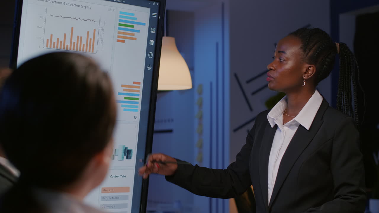 African american businesswoman brainstorming financial strategy working overtime