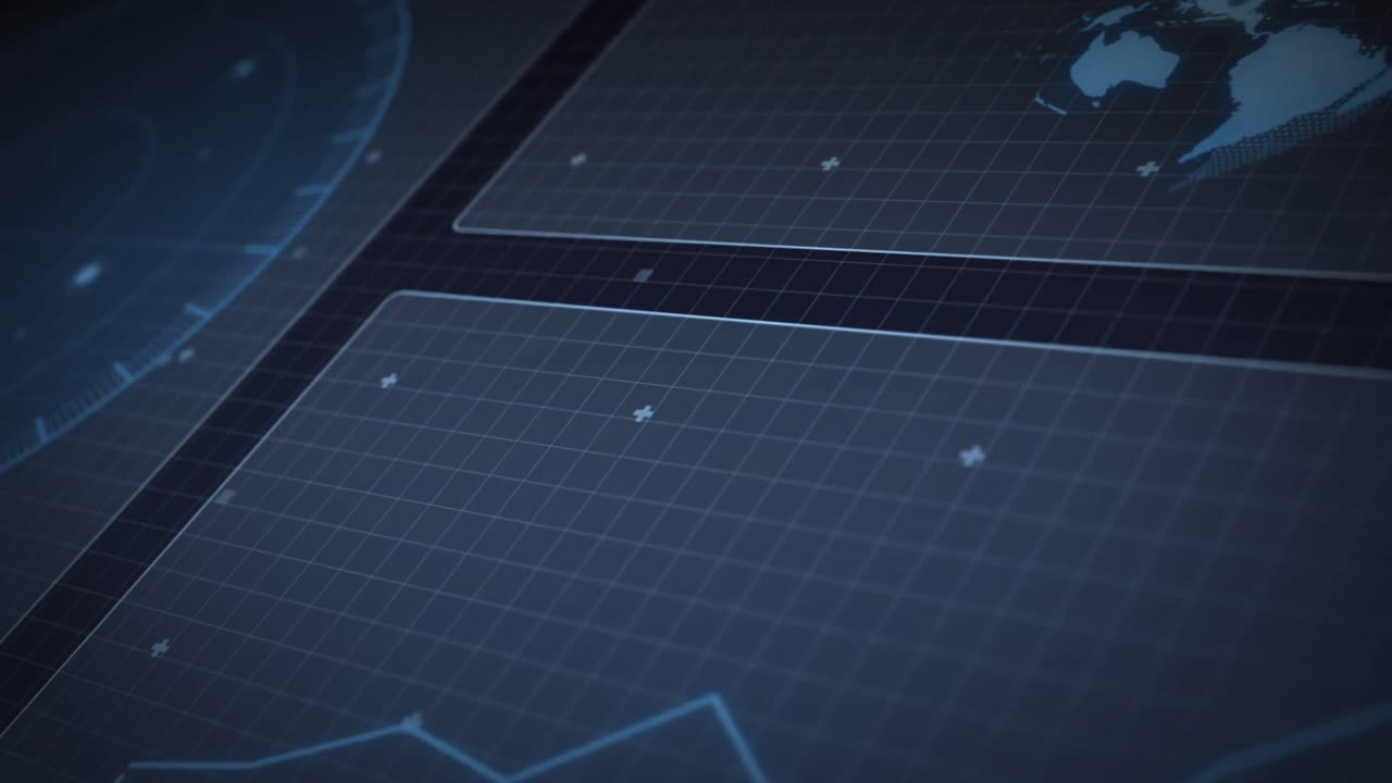 Animation of data processing, world map and scope scanning on screens over grid