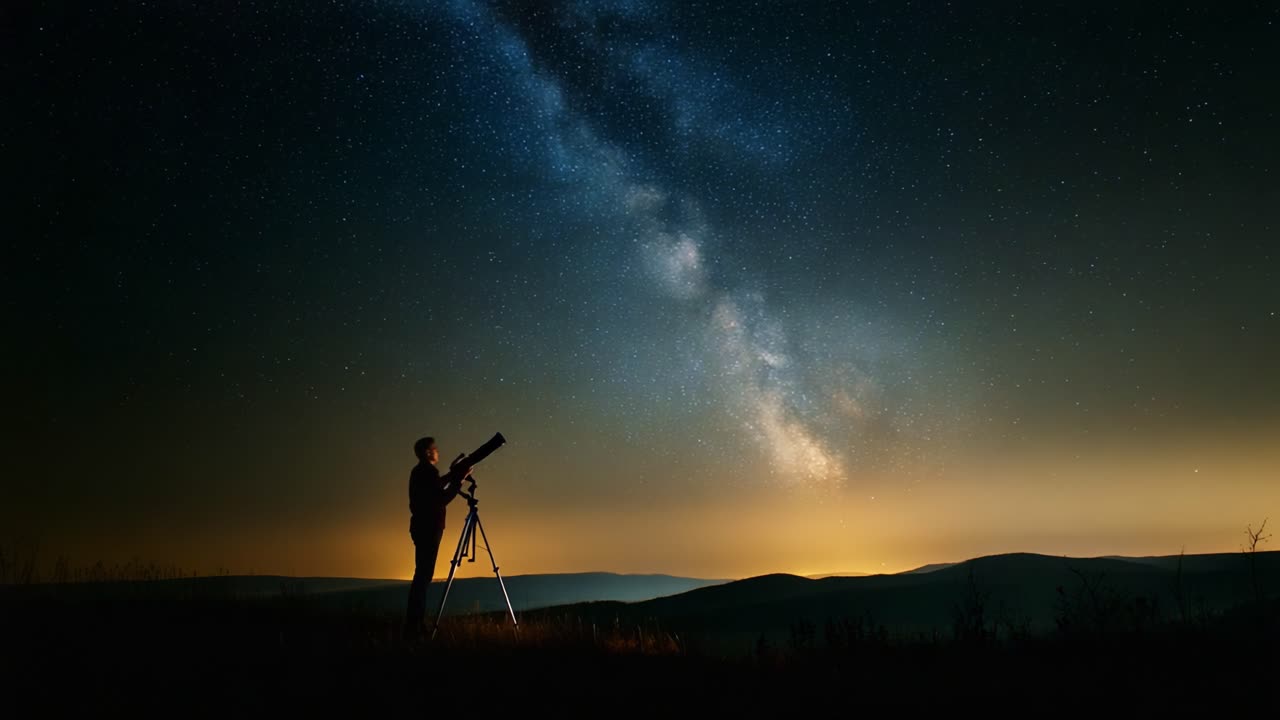 Um observador de estrelas entusiasmado observa as maravilhas cósmicas sob a Via Láctea, conectando-se com o universo através das lentes de um telescópio potente sob um céu noturno estrelado