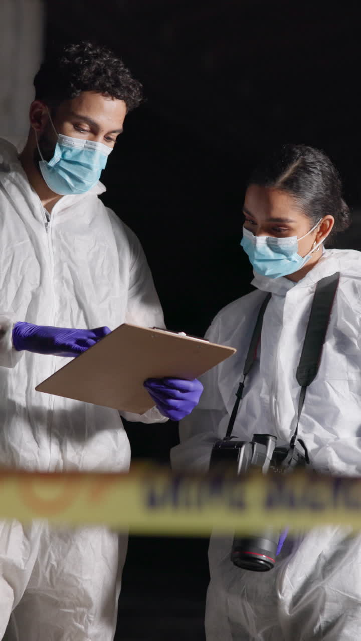 Dos agentes de policía con trajes blancos y mascarillas examinan una escena del crimen.