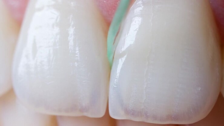 Macro estrema di filo interdentale verde che scorre tra i denti umani bianchi lungo la superficie della linea gengivale