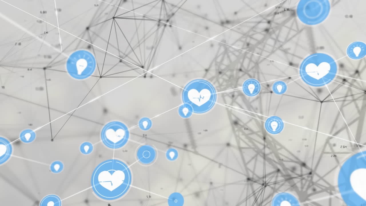 회색 배경에 연결 네트워크와 디지털 아이콘의 애니메이션