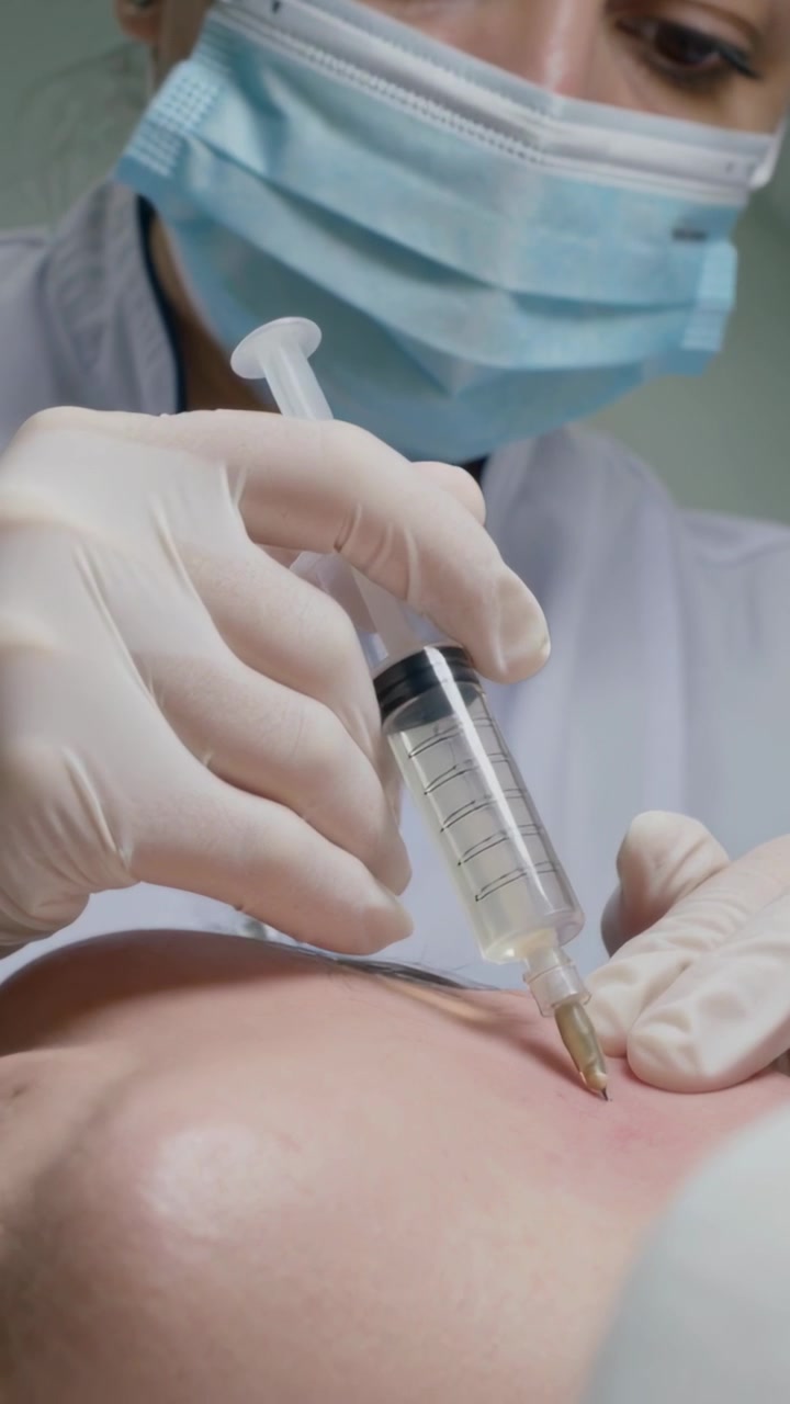 Video verticale: Ago che tocca la pelle arrossata, medico guantato che inserisce una siringa, curando il torace in clinica