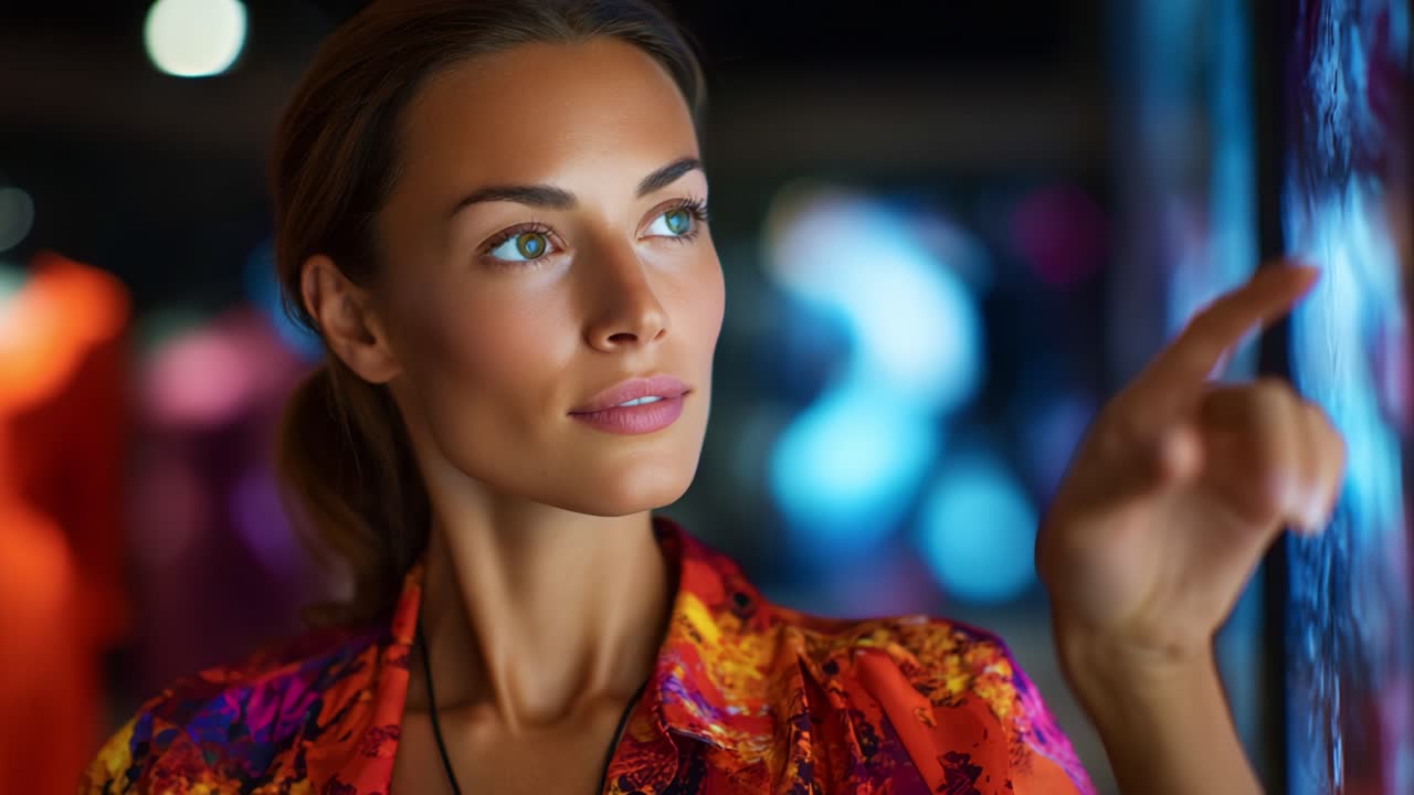Una donna riflessiva interagisce con un display digitale interattivo in un ambiente colorato, enfatizzando la curiosità e la tecnologia moderna attraverso gesti ed espressioni