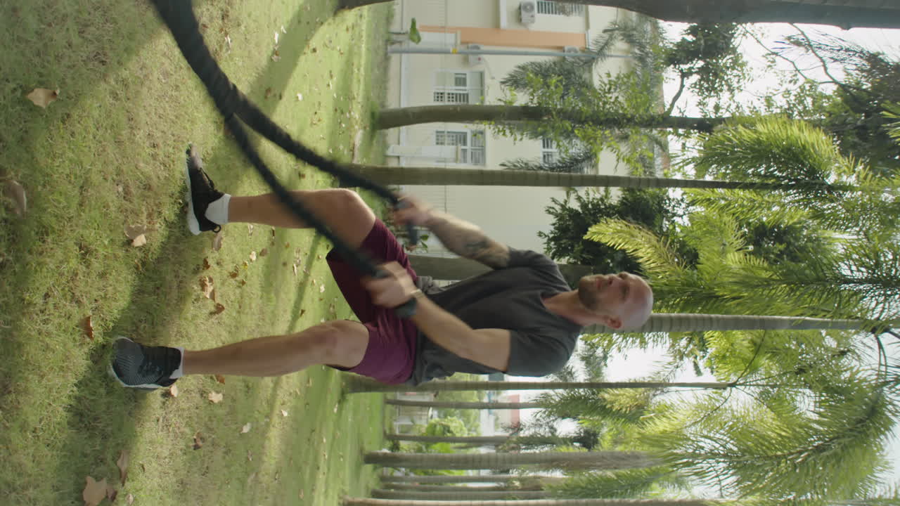 Sportsman Doing Battle Rope Waves Outdoors in Park