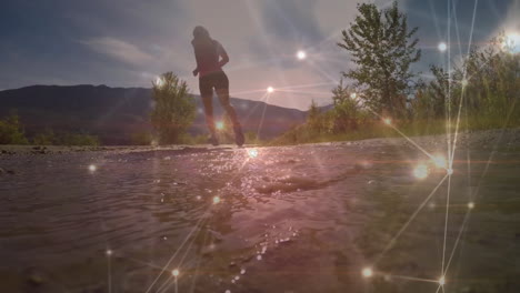 animation of network of connections over fit caucasian woman jogging in nature