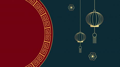 Animation-of-chinese-lanterns-with-flowers-and-circle-on-black-background