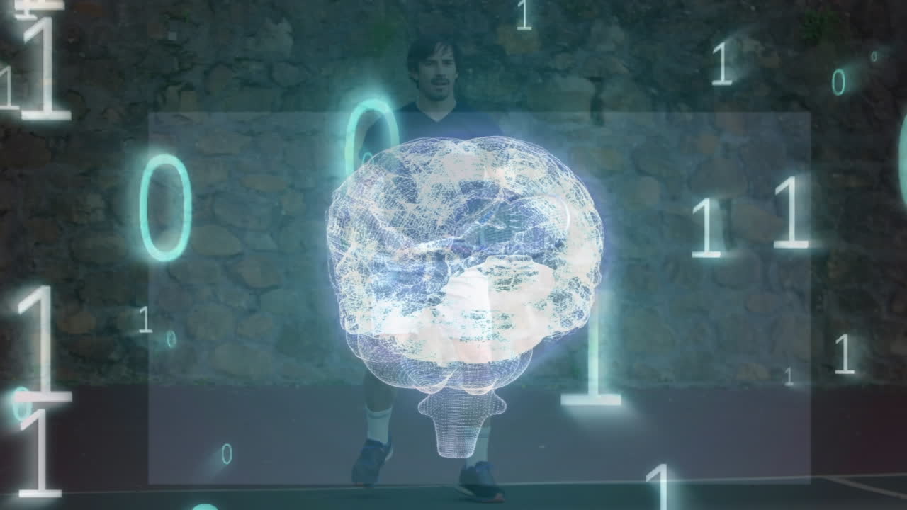 남성 테니스 선수에 대한 인간의 뇌 회전과 이진 코딩의 애니메이션