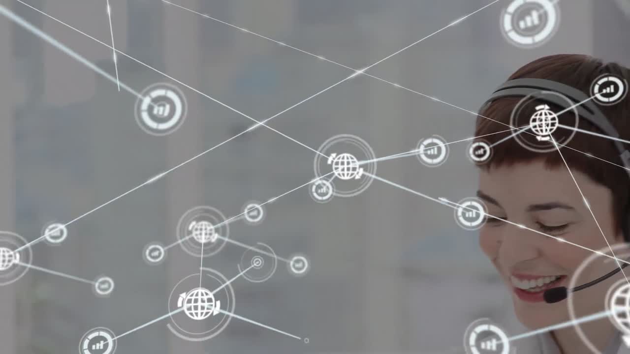 animación de la red de conexiones e iconos sobre una mujer de negocios con auriculares de teléfono