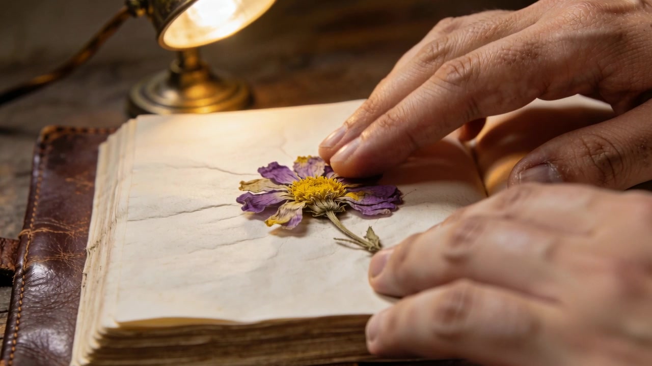 Hænder rækker ud og rører ved en presset blomst, glatter kronblade og løfter en side for at inspicere den i en bog under en lampe.