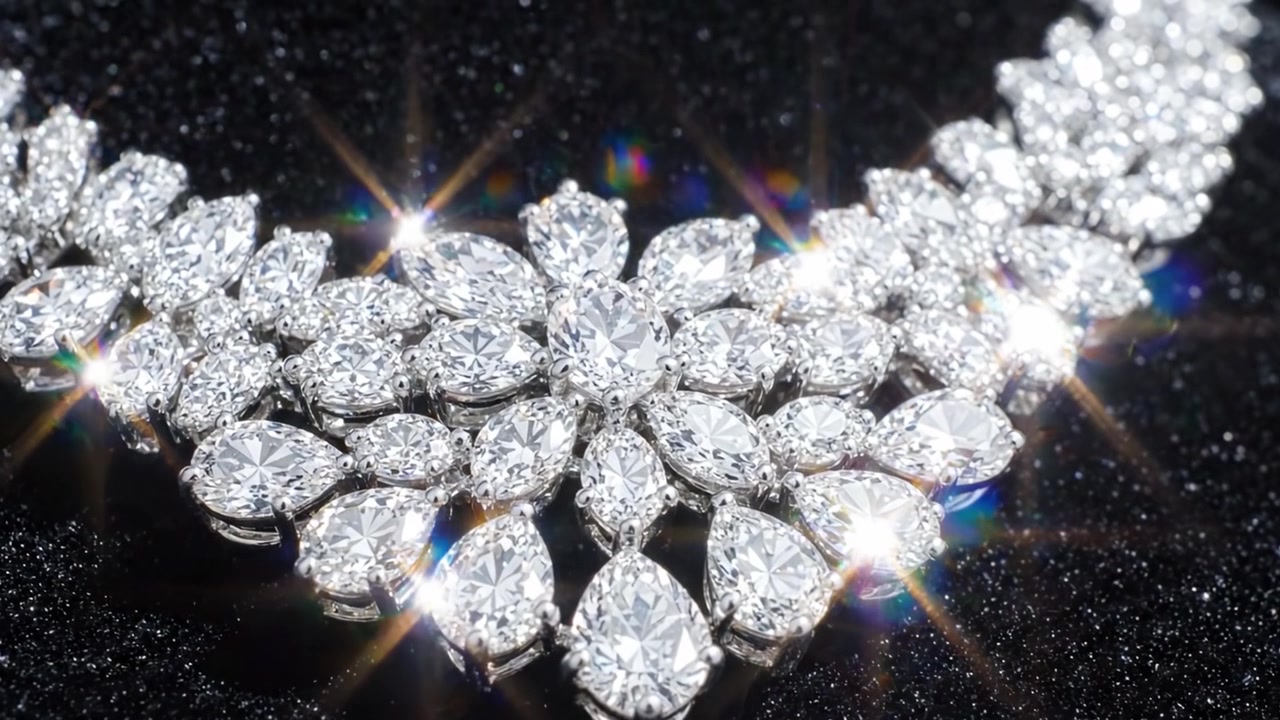 Colar de Diamantes Requintado Apresentando Joias com Lapidação Brilhante e Design Floral Único Brilhando Contra um Fundo Escuro com Reflexos de Luz Deslumbrantes