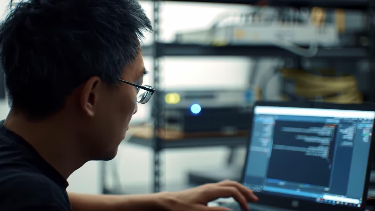 Focused Programmer Engaged in Coding Session: Capturing the Intensity and Concentration as He Works on Complex Software Development Tasks