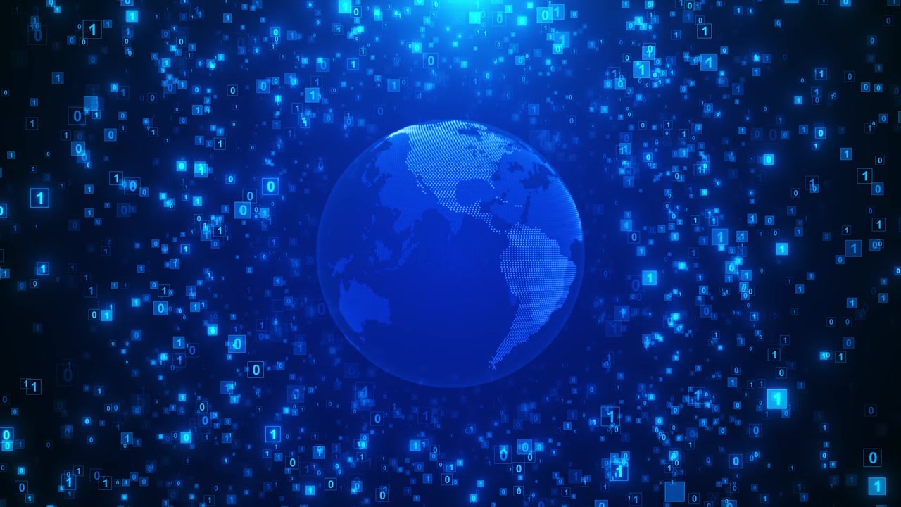 Blue binary globe digital background floating numbers squares global atmosphere technology videos
