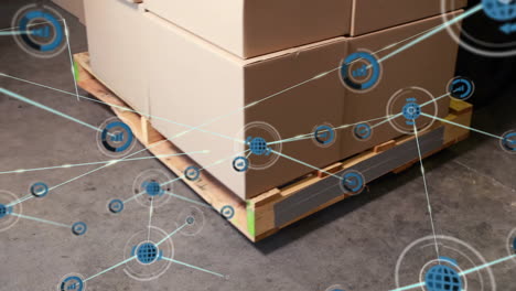 network connections and data processing animation over stacked cardboard boxes on pallet