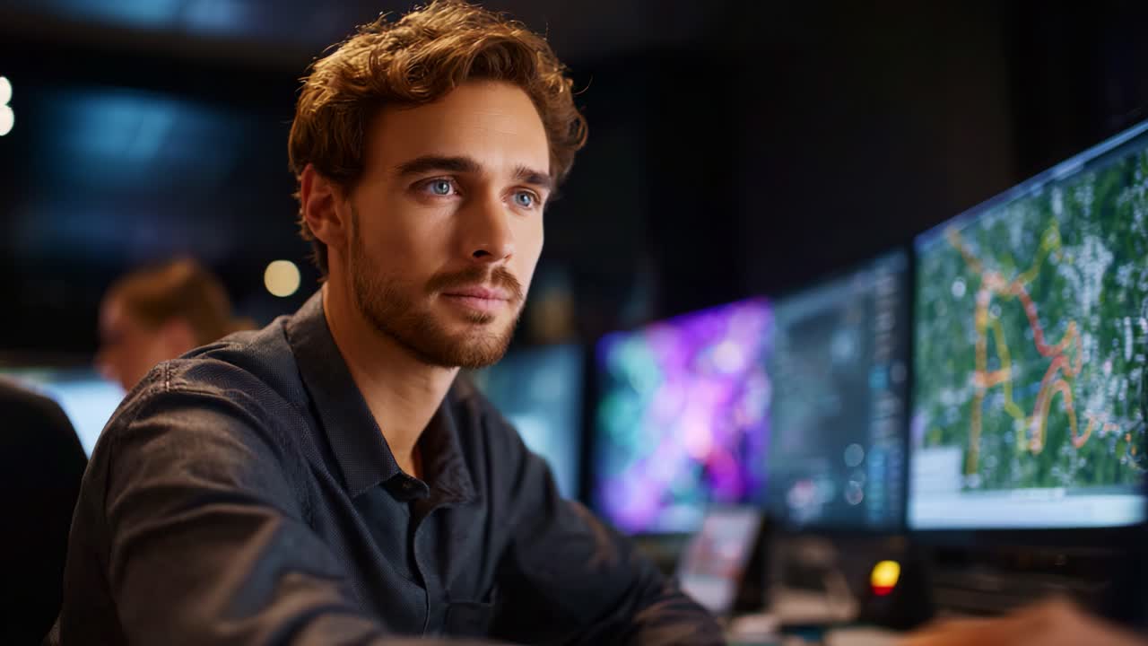 Professionista concentrato al lavoro su diversi monitor di computer che analizza grafici di dati mentre è impegnato in complesse attività al computer in un moderno ambiente d'ufficio