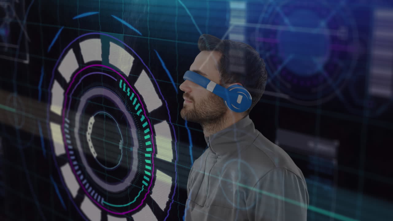 animación de escaneo de alcance con fallo y hombre con auricular vr