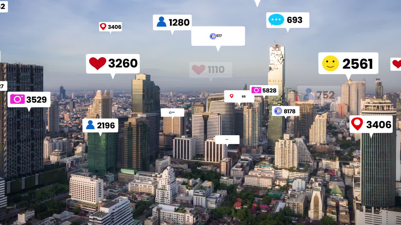 Social media icons fly over city downtown showing people engagement connection