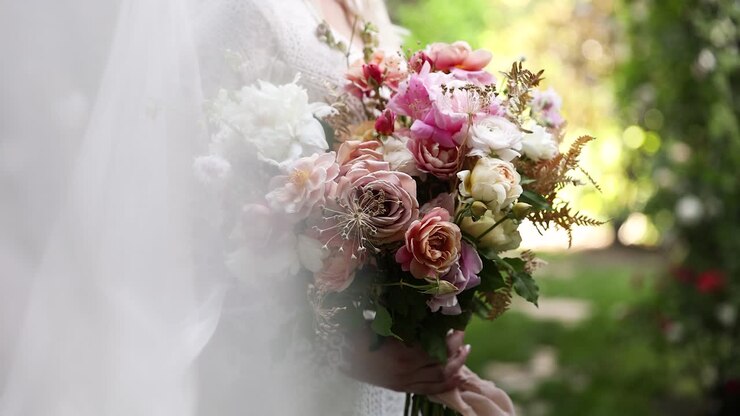 Beautiful Bride in Wedding Dress holding Colorful Floral Bouquet, Close-up