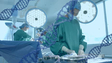 animation of dna strands over diverse surgeons in hospital