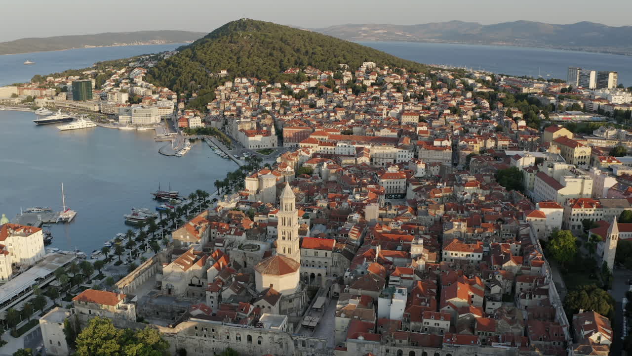Aerial view of Split city centre showing Diocletian's Palace, the bell tower of the cathedral of St Domnius, Croatia