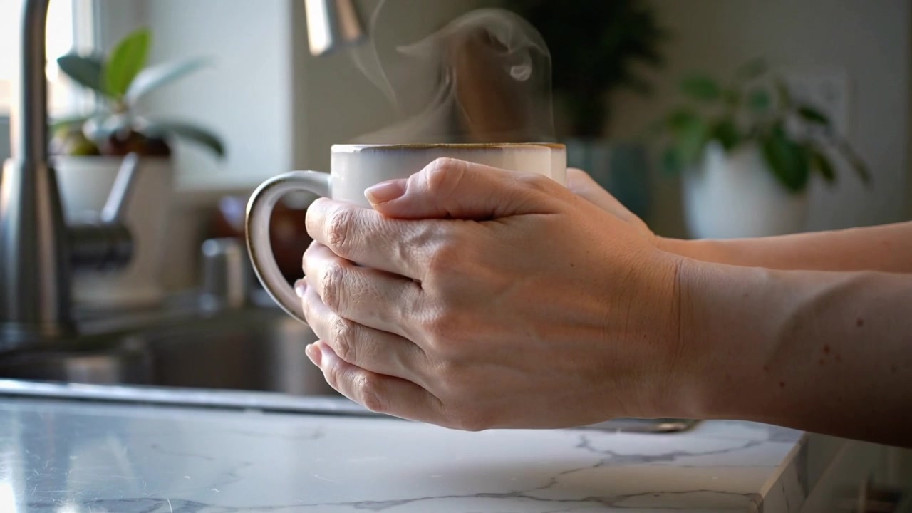 Mani a coppa che sentono il vapore che sale, tenendo una tazza di ceramica fumante sul bancone della cucina vicino al lavello.