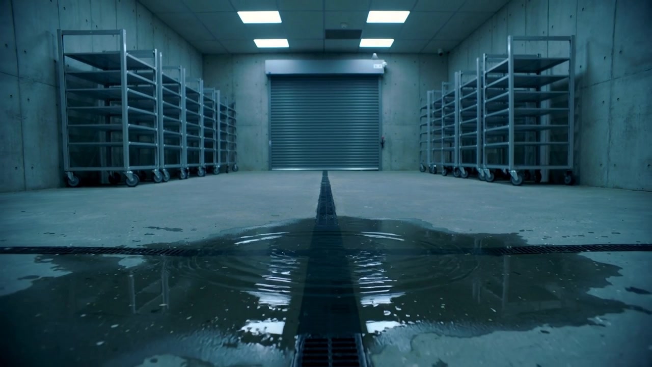 Forming splash, puddle sending ripples over floor drain in storage bay toward shutter, lit panels