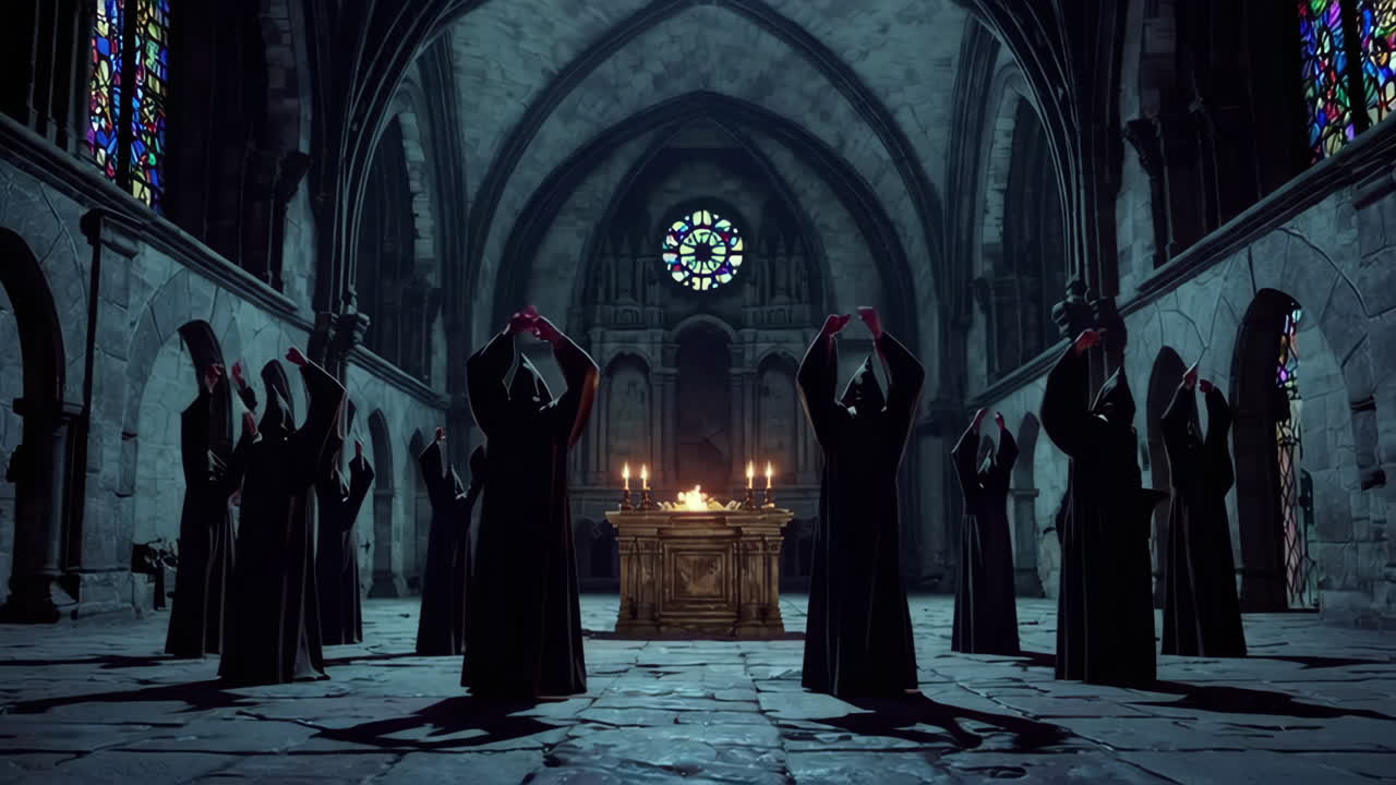 Medieval Monks in a Dark Church