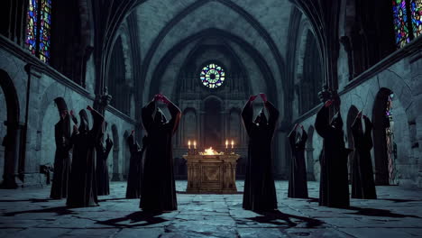 medieval monks in a dark church