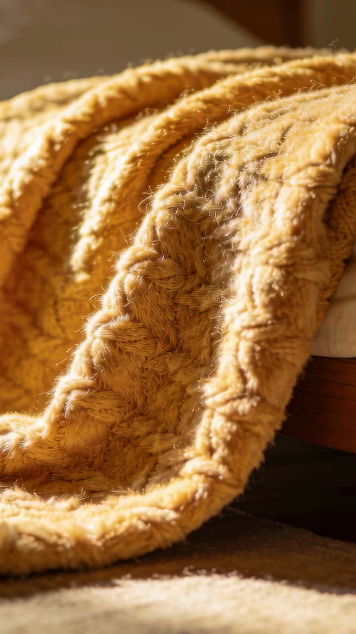 Blanket remaining draped on bed rail as soft light shifting highlights, showing stitching for decor