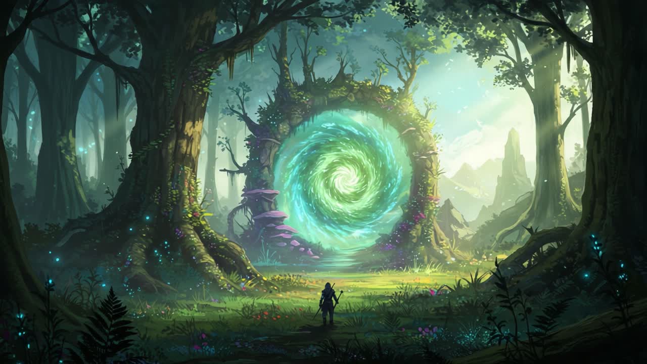 A Mysterious Portal Awaits: An Enchanting Glimpse into a Fantasy Realm Surrounded by Ancient Trees and Lush Greenery in a Beautiful Forest Setting