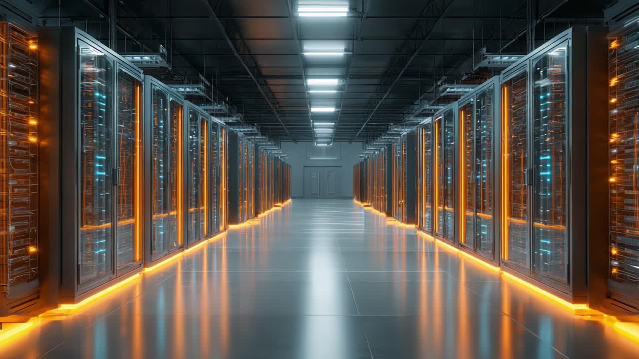 Futuristic Data Center Environment Featuring Rows of High-Tech Server Racks Illuminated by Ambient LED Lighting, Showcasing Modern Computing Infrastructure