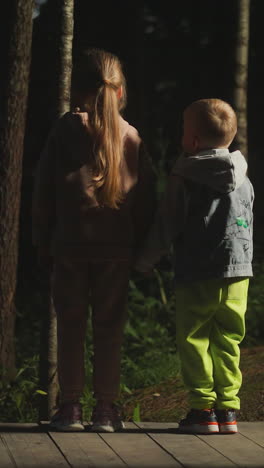 los niños se paran en la terraza en el suelo de madera en el bosque oscuro. el hermano pequeño y la hermana disfrutan de la belleza de los bosques de la noche. los niños observan el parque de pie cerca de la cabaña