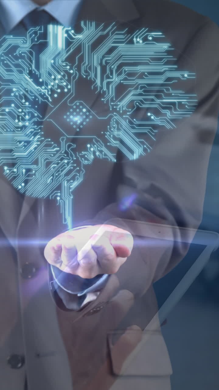 Animation of caucasian businessman and brain with computer circuit board over diverse doctors
