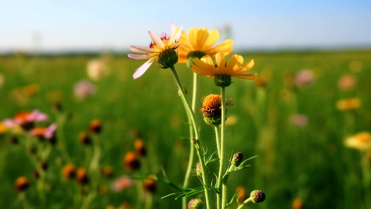 Una vista ravvicinata di fiori selvatici gialli e arancioni con steli verdi che ondeggiano dolcemente in una leggera brezza. La brillante luce del giorno illumina petali e boccioli freschi mentre un prato erboso con fiori sparsi si sfoca delicatamente sullo sfondo, creando una calma scena all'aperto primaverile o estiva.
