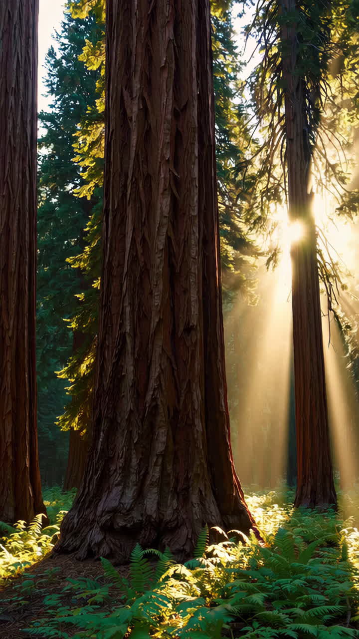 Raggi di sole che penetrano nella foresta di sequoie