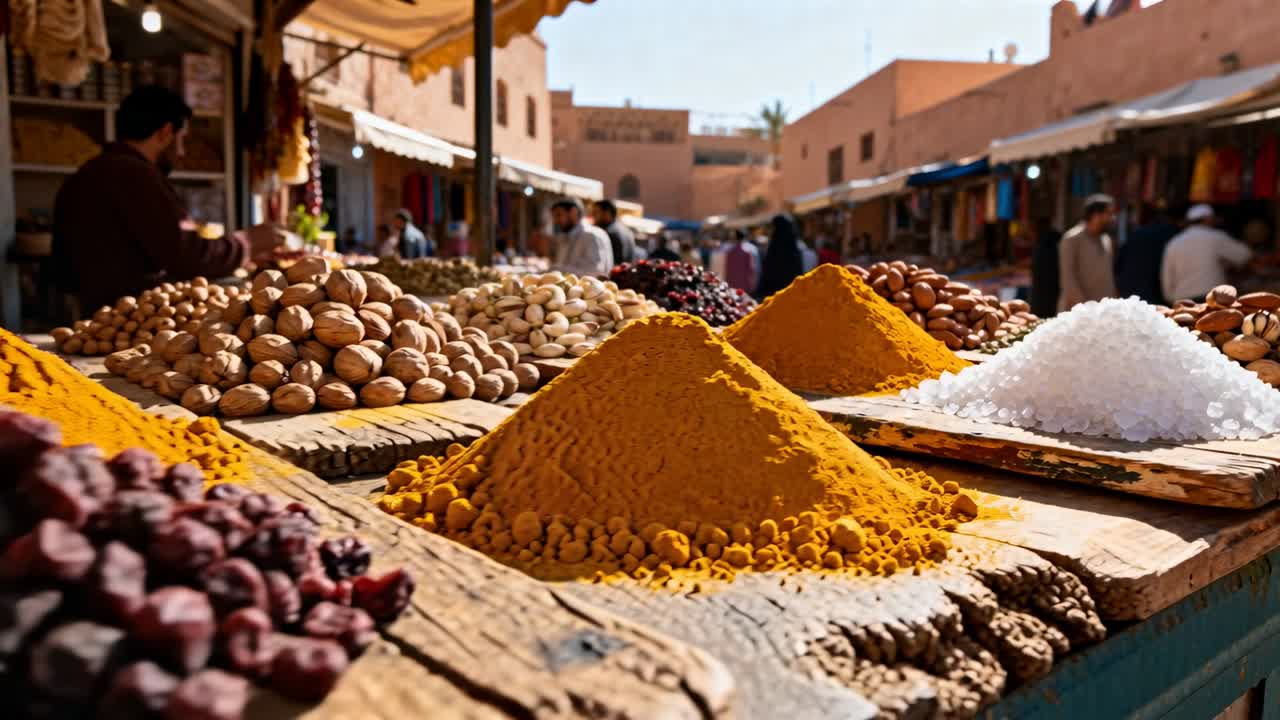 Panning camera showing vendor in dark shirt sorting spices for buyers at souk, with salt, pistachio