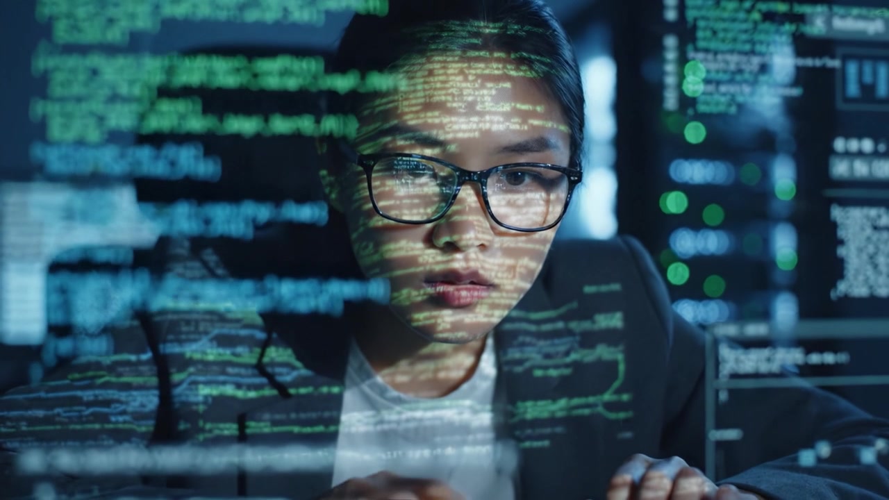 Focused Programmer Analyzing Complex Data and Code on Computer Screen Surrounded by Digital Interfaces and Code Projections