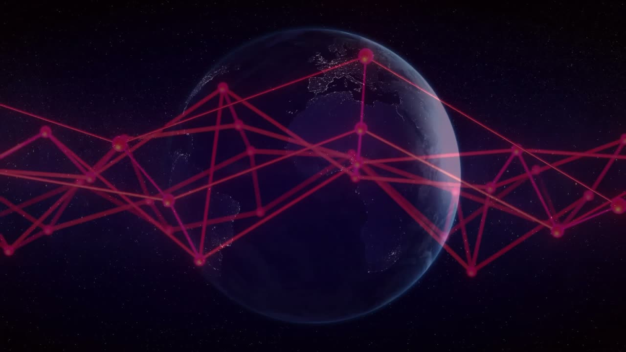 Emerging globe in space, red connectors multiplying, shifting into global network overlay