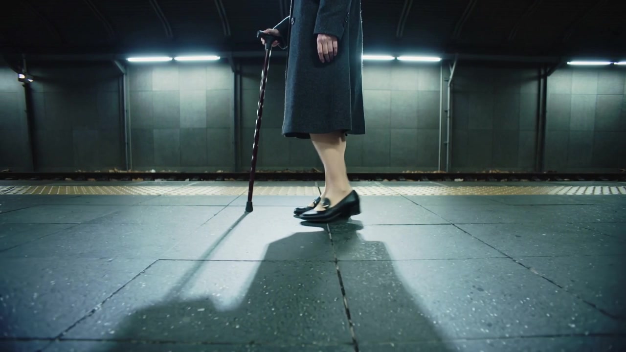 Planting cane, senior woman wearing dark coat and heels, shifting feet on subway platform