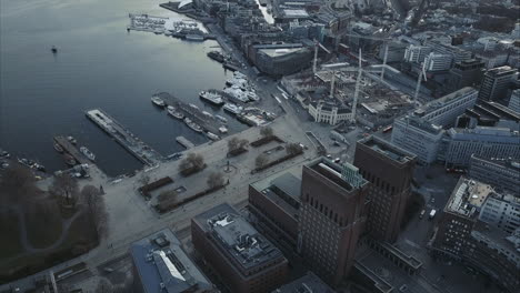 aerial shot of oslo city hal, rådhuset and harbbour in background, norway