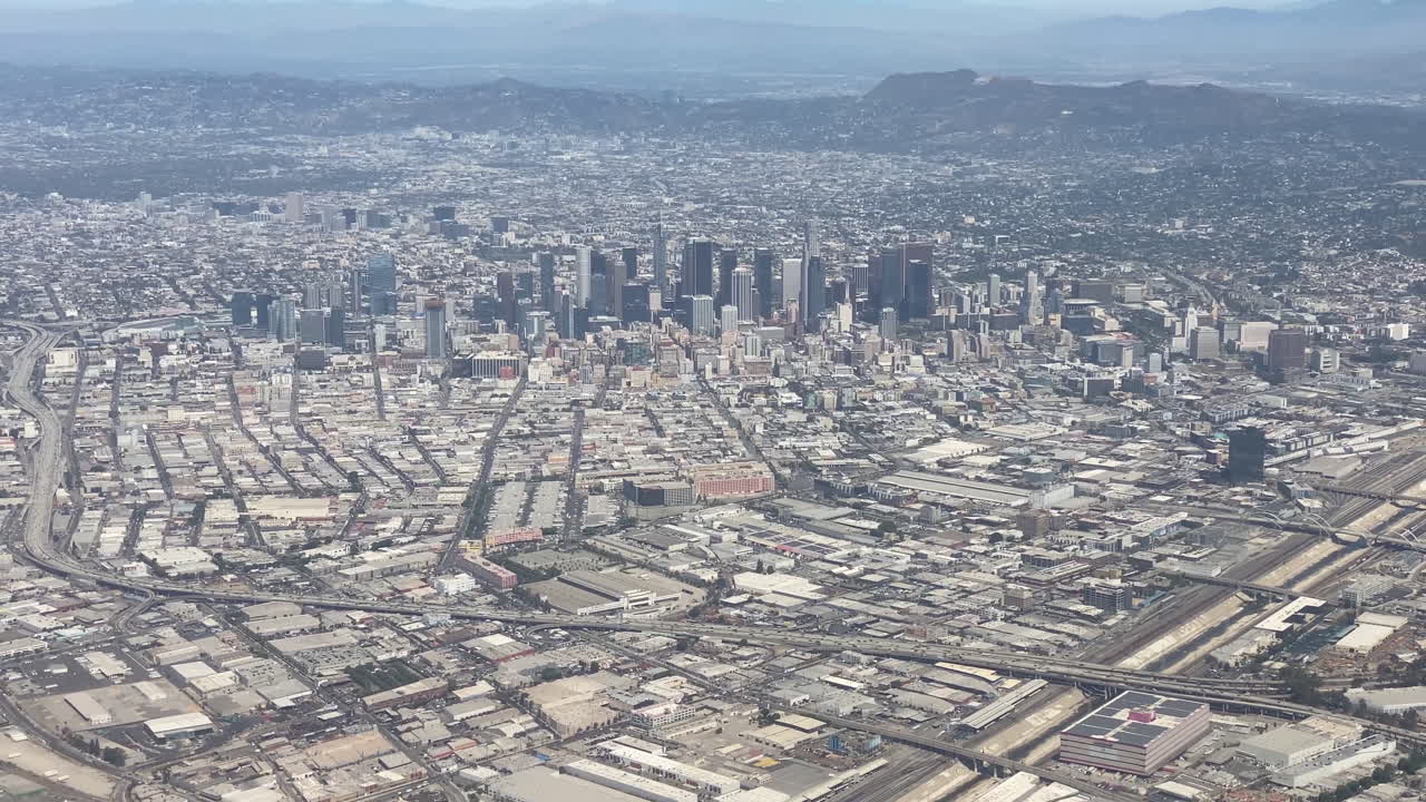 An aerial view of the Los Angeles downtown core looking north
