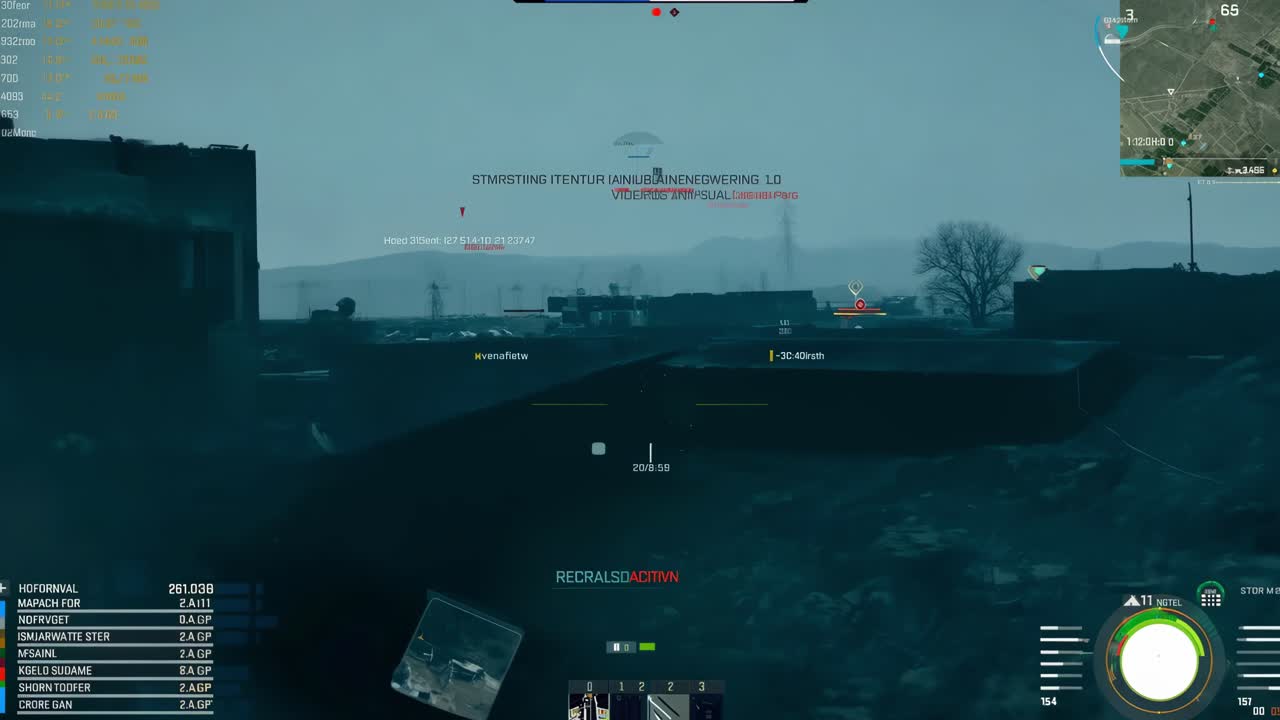 First person view of a soldier aiming at an enemy during a foggy day, with game interface visible