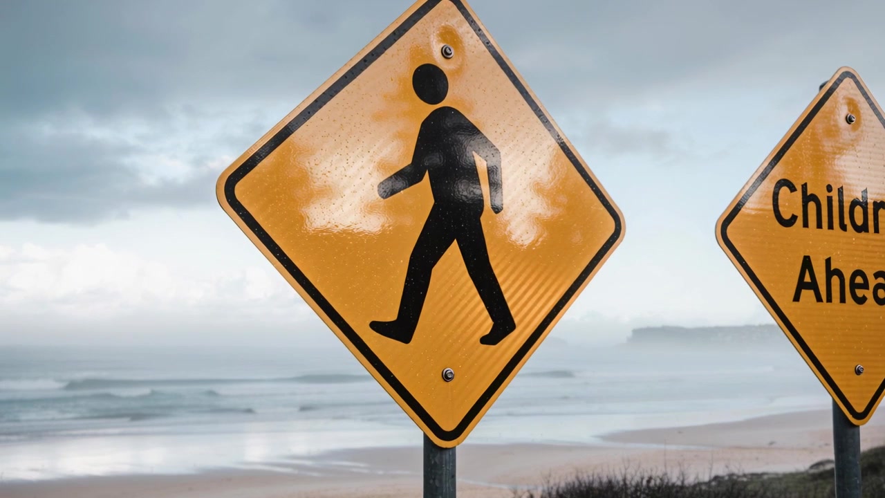 Zooming camera bringing pedestrian crossing sign closer at beach road, highlighting Children Ahead