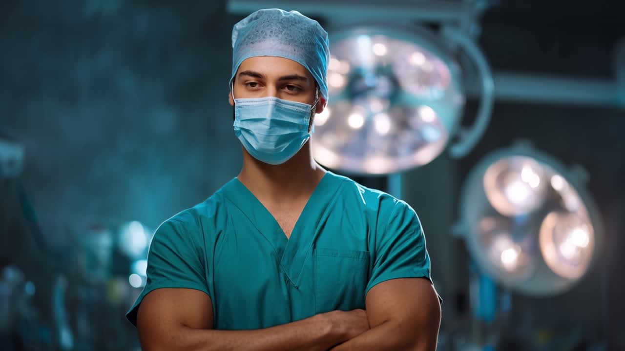 Professionel kirurg står klar på operationsstuen. Kraftigt lys oplyser det sterile operationsmiljø. Fokuseret udtryk viser rolig selvtillid før indgrebet. Ideel til medicinske formål, sundhedssektoren