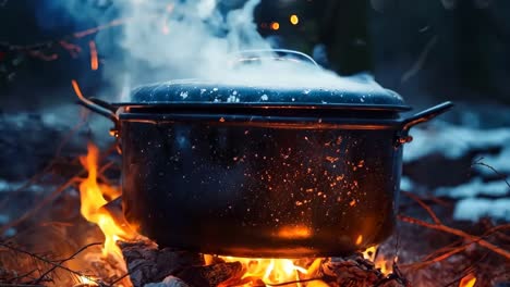 una olla sentada encima de un fuego en el bosque