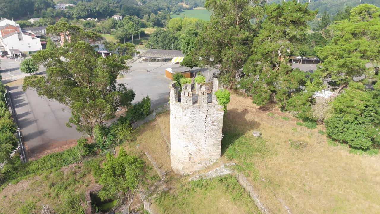 Drone flying toward Sarria Fortress, Battalions tower Remain of a Historical site, Lugo. Spain
