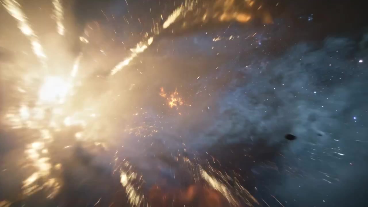 Collision-triggered rocky body ejecting fiery fragments in deep nebula, lighting galactic arm