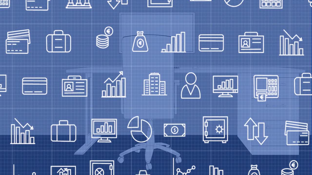 animación de múltiples iconos digitales a través de la red de cuadrícula contra el escritorio de la oficina