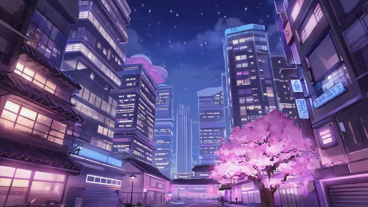 Cityscape at Night with Cherry Blossom